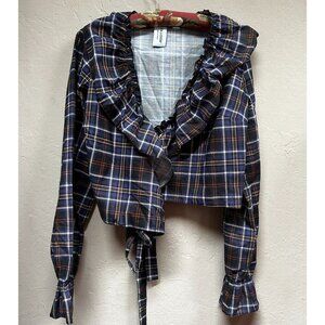 COLLUSION Womens Wrap Blouse with Ruffle Checkered Size 10 Purple/Black Crop Top